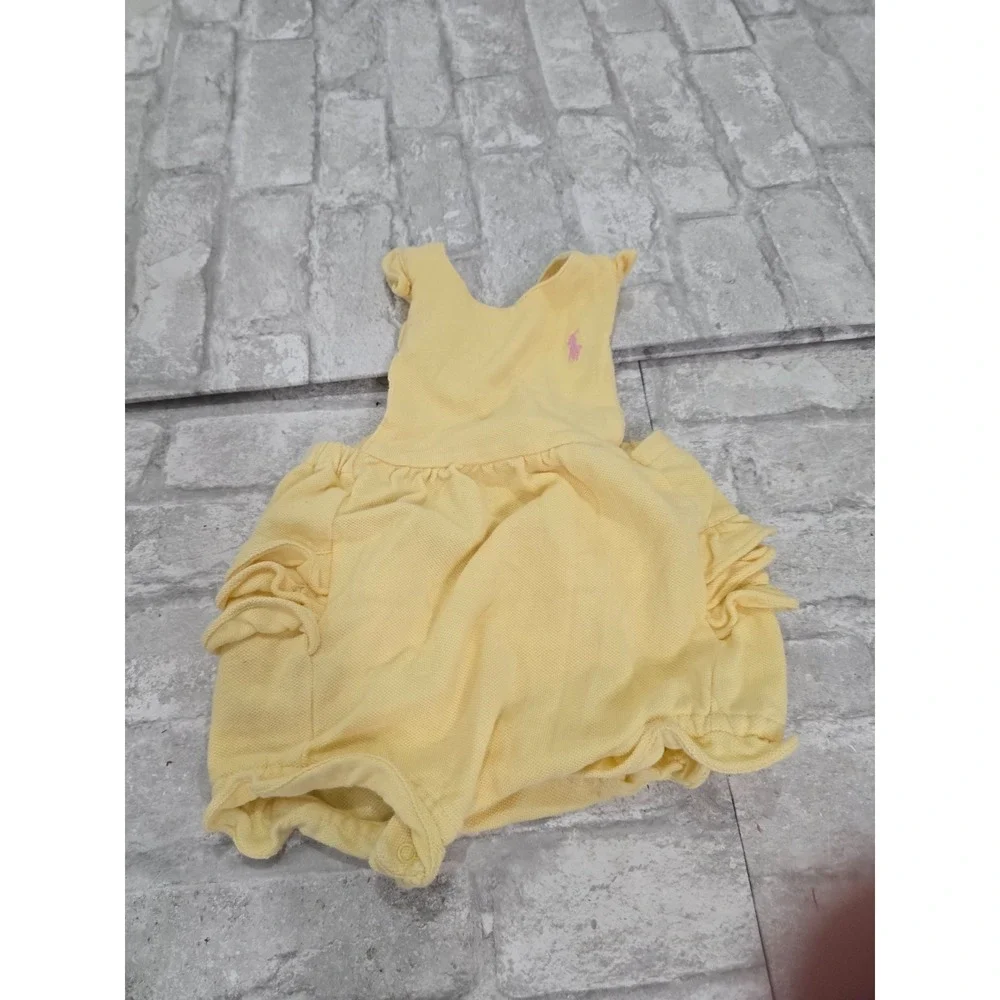 Ralph Lauren Baby Girl 6M Cotton Yellow Ruffle Romper Dress Snaps